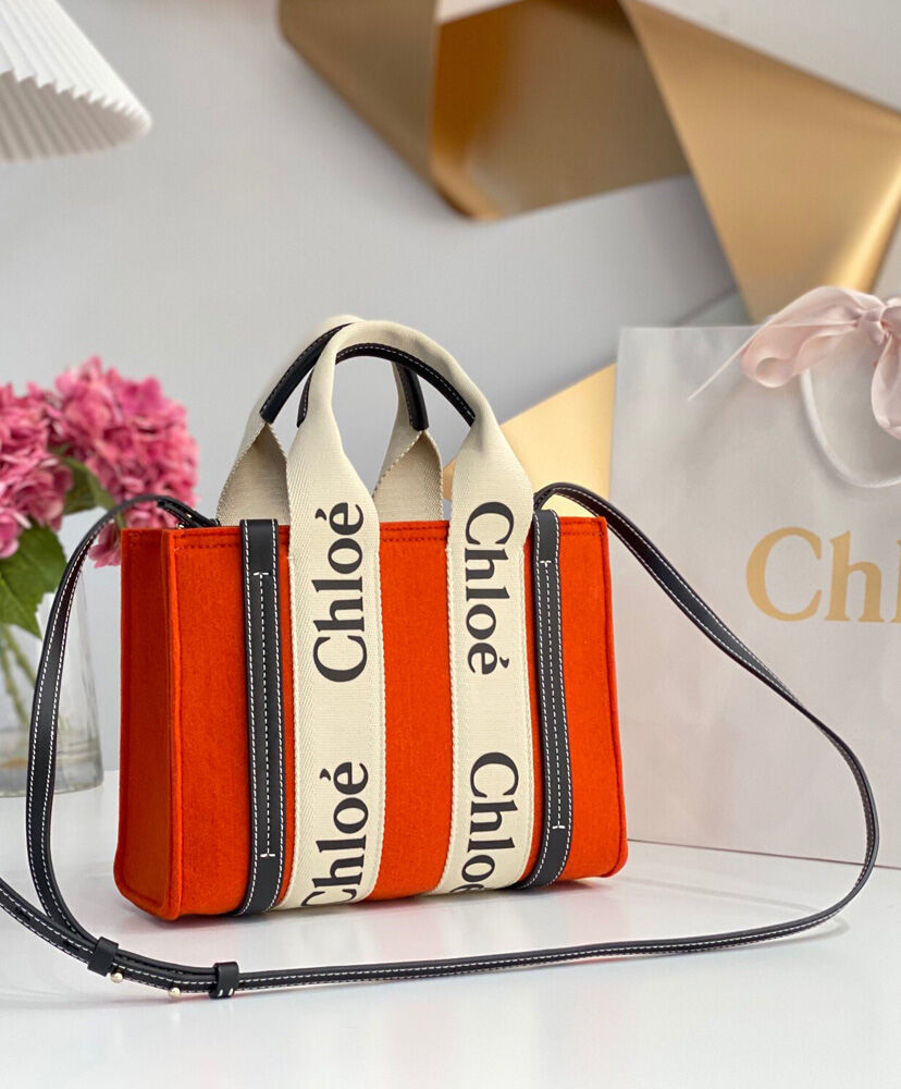 Chloe Small Woody Tote Bag With Strap Canvas with Leather Orange